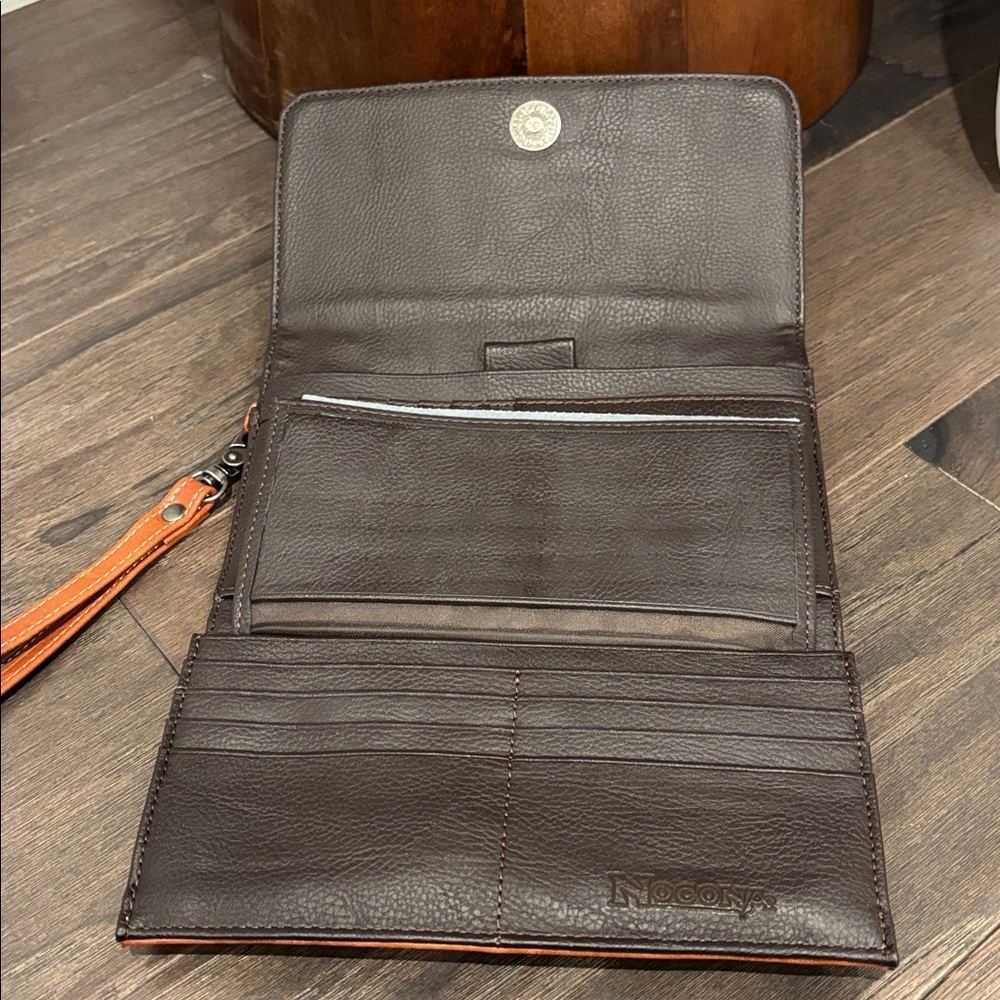 Nocona Embossed Leather Cross Birdie Style Wristlet Southwest Print tri-fold - Picture 8 of 16